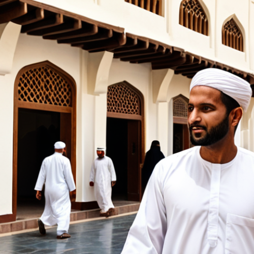Home 13 **Image Prompt 1:** A dignified Omani man in a pristine white Dishdasha, walking gracefully through the bustling Muscat Souq, showcasing timeless elegance and cultural pride. The scene should reflect traditional Omani architecture and warm, natural light.