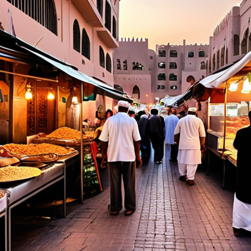 Home 8 **
A bustling Omani street food market at sunset. Vendors are selling colorful samosas and shawarma from their stalls. Locals and tourists mingle, sampling the food. Capture the vibrant atmosphere and the rich flavors.
**