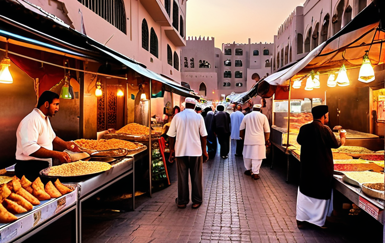 **
A bustling Omani street food market at sunset. Vendors are selling colorful samosas and shawarma from their stalls. Locals and tourists mingle, sampling the food. Capture the vibrant atmosphere and the rich flavors.
**
