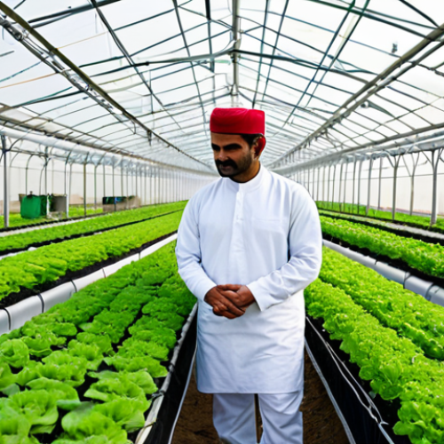 Home 18 **
"A lush hydroponics farm in Oman, showcasing rows of vibrant, leafy green vegetables growing without soil. In the background, a modern greenhouse structure is visible. Workers in appropriate attire are tending to the plants. Focus on sustainable agriculture and innovation. safe for work, appropriate content, fully clothed, professional, perfect anatomy, correct proportions, natural pose, well-formed hands, proper finger count, natural body proportions."
**