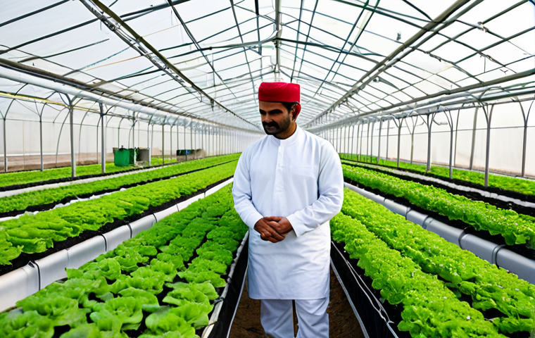 **
"A lush hydroponics farm in Oman, showcasing rows of vibrant, leafy green vegetables growing without soil. In the background, a modern greenhouse structure is visible. Workers in appropriate attire are tending to the plants. Focus on sustainable agriculture and innovation. safe for work, appropriate content, fully clothed, professional, perfect anatomy, correct proportions, natural pose, well-formed hands, proper finger count, natural body proportions."
**