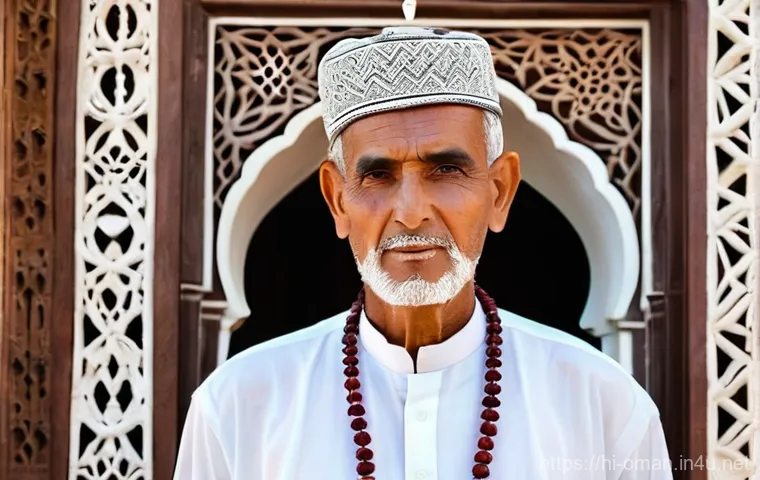 오만 전통 의상 디스다샤 - **Prompt:** A dignified Omani elder, in his late 60s, stands gracefully in a traditional Omani court...
