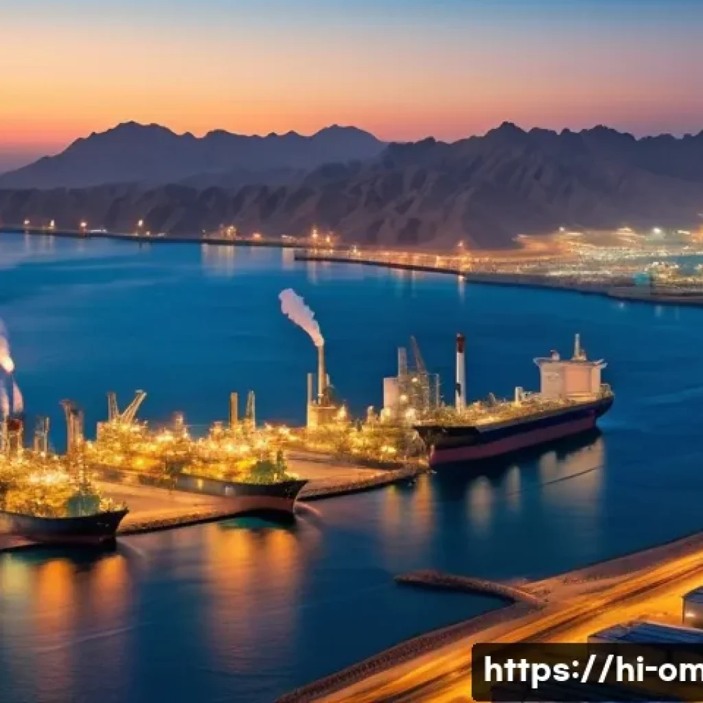 오만의 세계 경제 순위 - A detailed aerial view of Oman&rsquo;s modern oil and gas industry complex at sunset, showing large offsho...