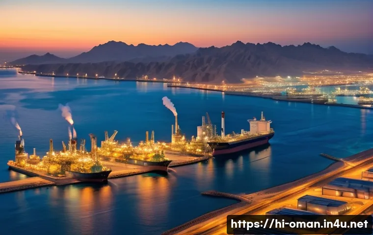 오만의 세계 경제 순위 - A detailed aerial view of Oman&rsquo;s modern oil and gas industry complex at sunset, showing large offsho...