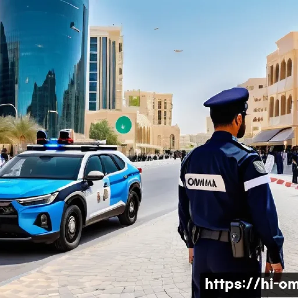 오만의 공공 안전 및 치안 - A futuristic urban scene in Oman showcasing advanced crime control technology: police officers in mo...