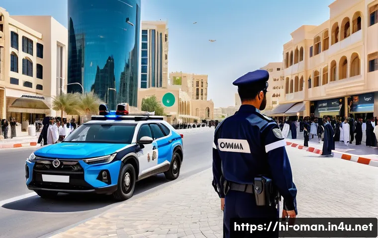 오만의 공공 안전 및 치안 - A futuristic urban scene in Oman showcasing advanced crime control technology: police officers in mo...