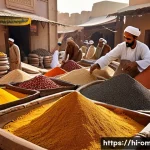 Home 22 오만 아라비안 향신료 시장 - A vibrant traditional Omani spice market scene under warm sunlight, showcasing colorful piles of car...