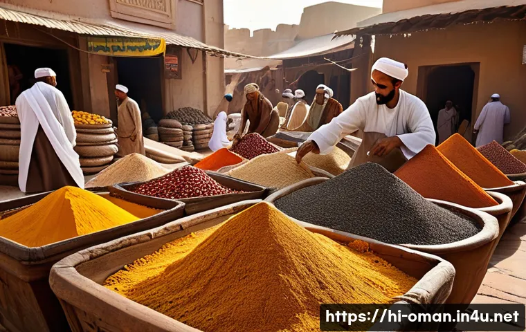 오만 아라비안 향신료 시장 - A vibrant traditional Omani spice market scene under warm sunlight, showcasing colorful piles of car...