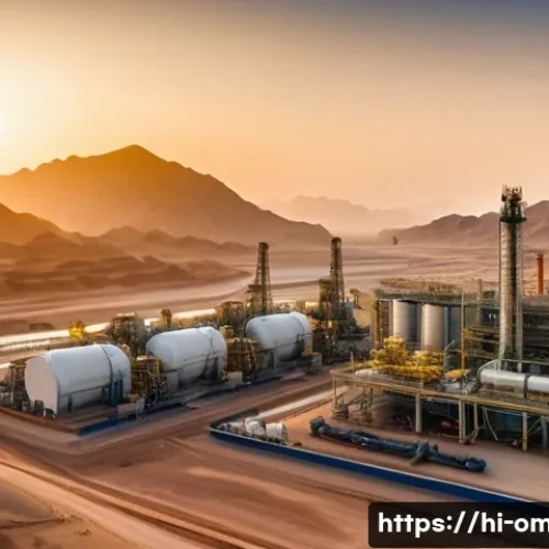 Home 33 오만의 주요 산업군 - A detailed panoramic view of an Omani oil and gas production site at sunset, showcasing advanced dri...
