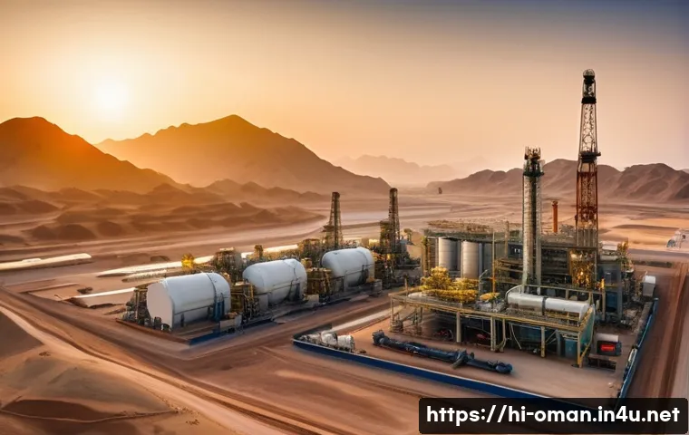 오만의 주요 산업군 - A detailed panoramic view of an Omani oil and gas production site at sunset, showcasing advanced dri...