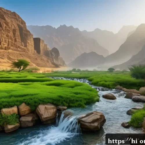 Home 32 오만 관광 명소 - A serene, remote valley in Oman during early morning, lush green hills covered with dew, crystal-cle...