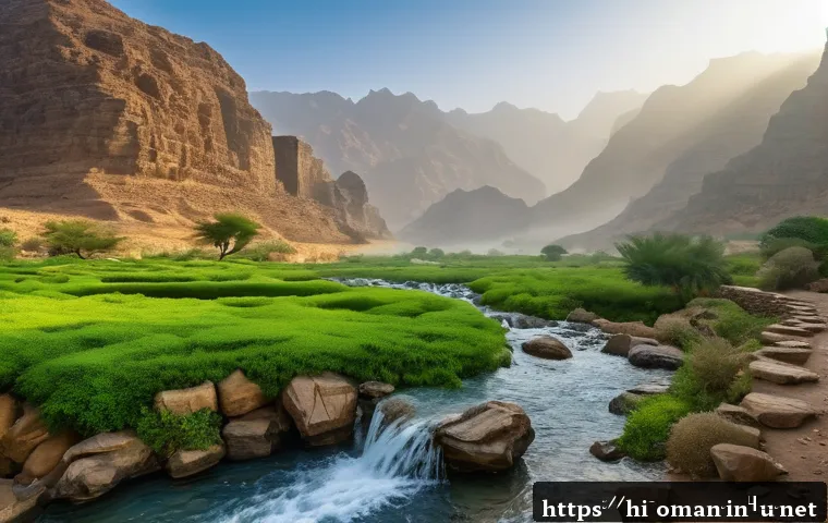 오만 관광 명소 - A serene, remote valley in Oman during early morning, lush green hills covered with dew, crystal-cle...