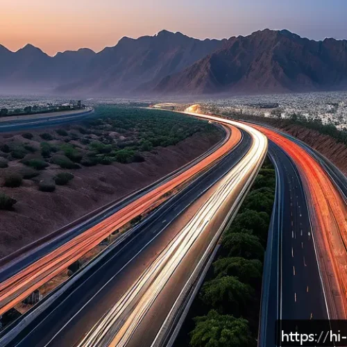 Home 31 오만의 고속도로 네트워크 - A panoramic view of Oman's modern highway network at sunset, showcasing wide multi-lane roads with s...