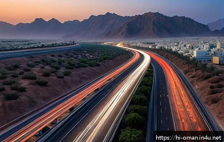 오만의 고속도로 네트워크 - A panoramic view of Oman's modern highway network at sunset, showcasing wide multi-lane roads with s...