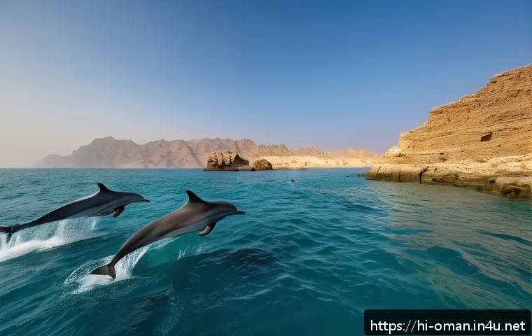 오만 돌고래 관찰 투어 - A vibrant and detailed scene of a pod of playful dolphins near the coast of Oman during early mornin...