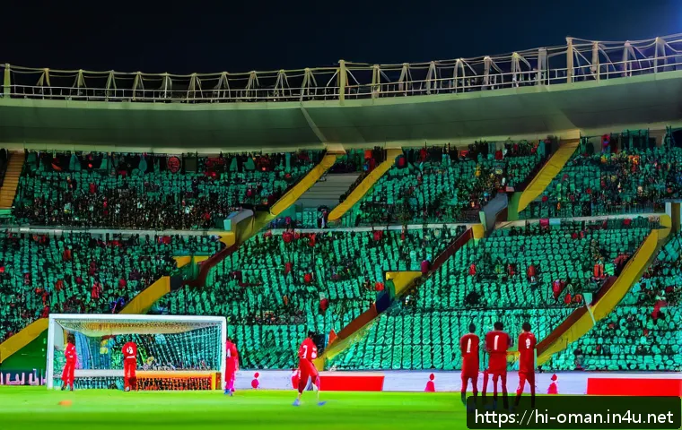 오만 주요 축구팀 정보 - A vibrant football stadium scene in Oman during a high-stakes league match featuring enthusiastic fa...