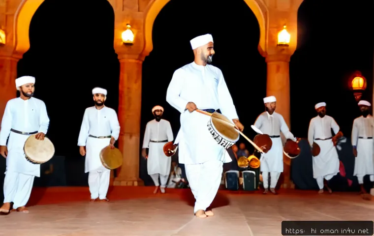 오만의 특별한 축제와 이벤트 - Photorealistic evening celebration at an Omani cultural festival in Muscat, Omani men in white dishd...